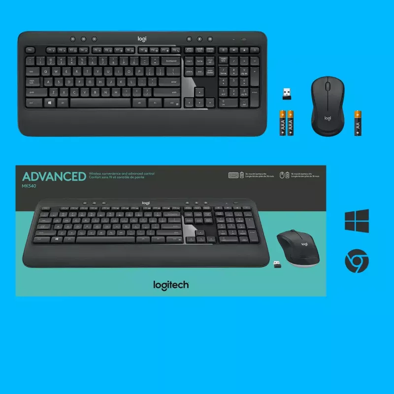 Kabelloses Tastatur- und Maus-Set Logitech MK540 Advanced – Full-Size-QWERTZ-Tastatur, USB-Empfänger, US-Layout, ergonomische Maus, Schwarz/Weiß