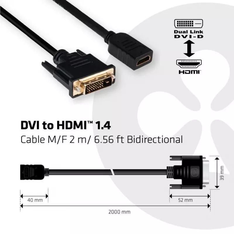 CLUB3D DVI auf HDMI 1.4 Kabel M/F 2m/6,56ft bidirektional