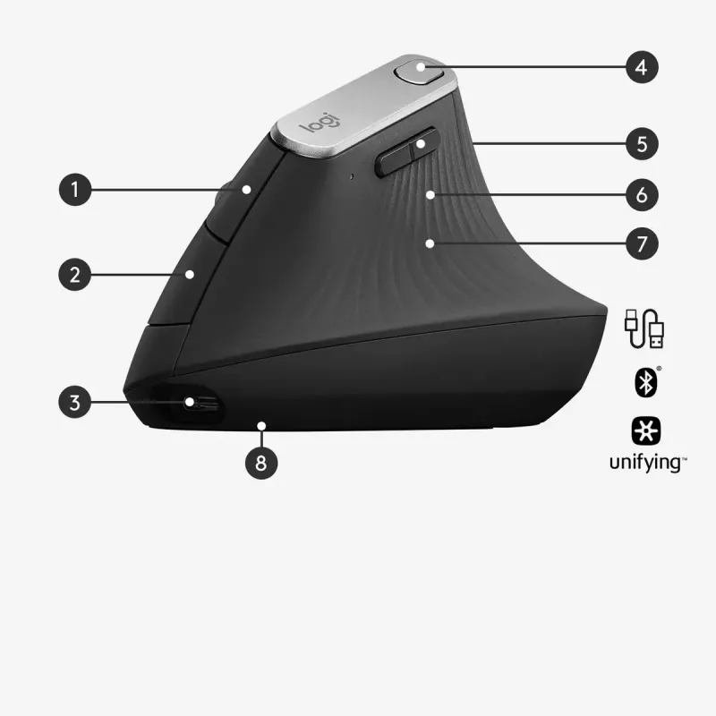 Ergonomische kabellose Maus Logitech MX Vertical, MX Vertical, 4000 DPI, RF Wireless + Bluetooth, rechtshändig, Graphit, Bürogebrauch