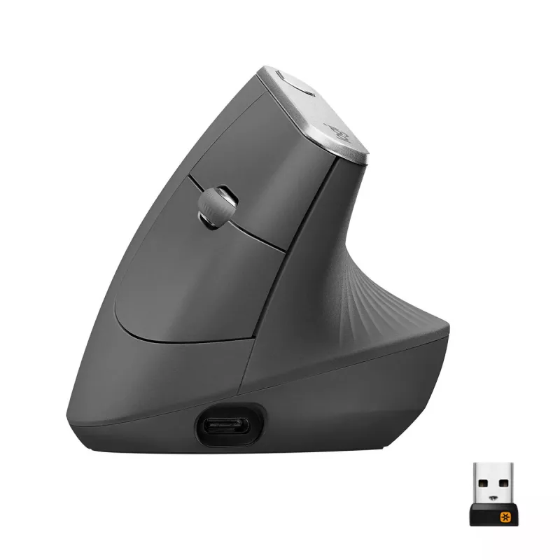 Ergonomische kabellose Maus Logitech MX Vertical, MX Vertical, 4000 DPI, RF Wireless + Bluetooth, rechtshändig, Graphit, Bürogebrauch