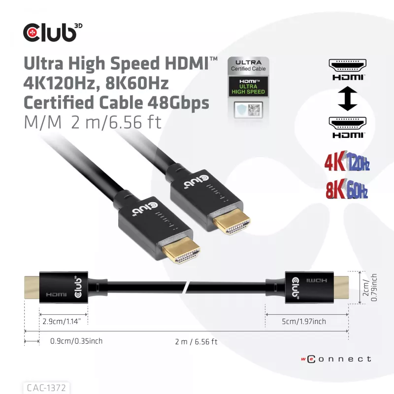 CLUB3D Ultra High Speed HDMI 4K120Hz, 8K60Hz zertifiziertes Kabel 48 Gbit/s M/M 2 m