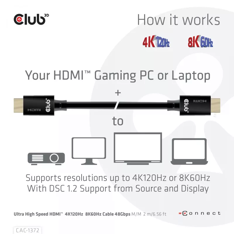 CLUB3D Ultra High Speed HDMI 4K120Hz, 8K60Hz zertifiziertes Kabel 48 Gbit/s M/M 2 m