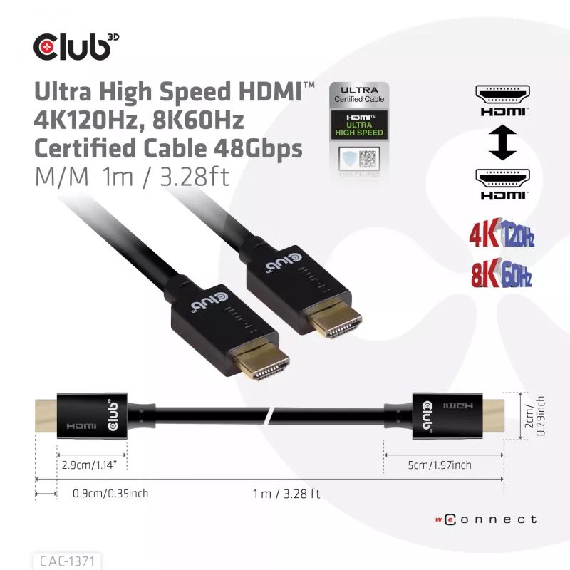 CLUB3D Ultra High Speed HDMI 4K120Hz, 8K60Hz zertifiziertes Kabel 48Gbps M/M 1 m/3.28 ft