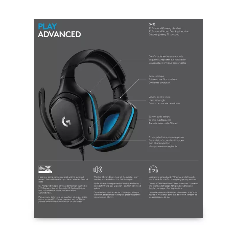 LOGITECH G432 - USB / 3.5mm - Game-Headset - 7.1 Surround - Blau