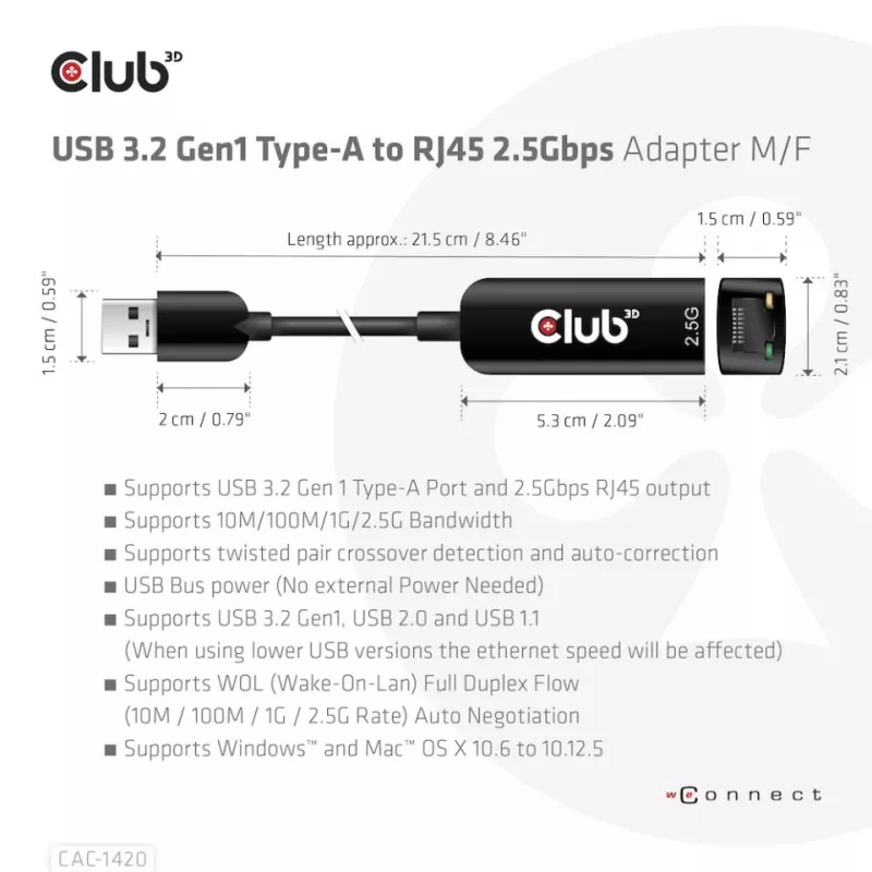 CLUB3D USB 3.2 Gen1 Typ A-zu-RJ45 2.5Gbps Adapter