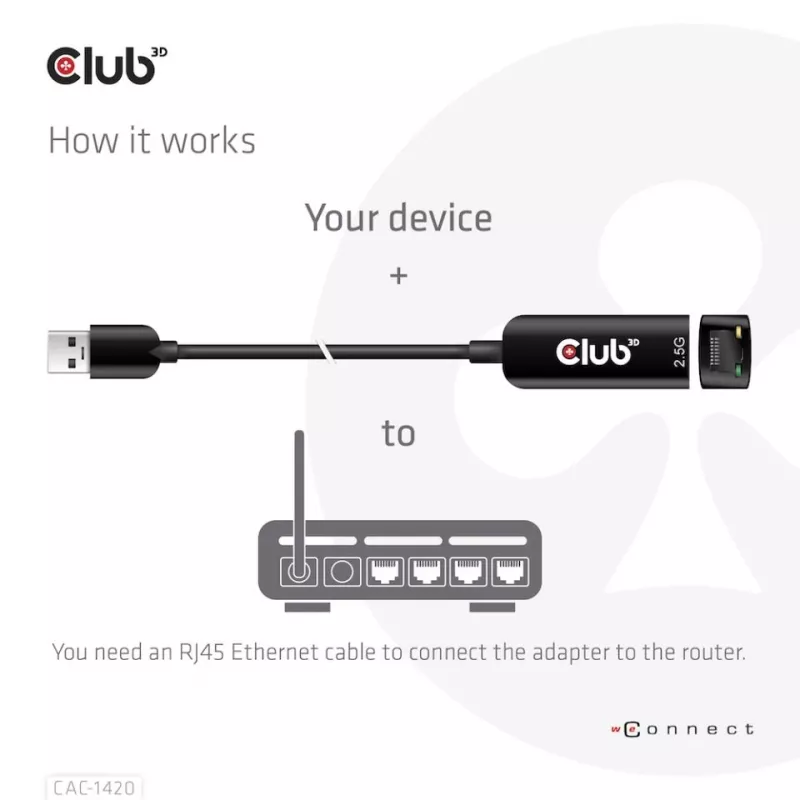 CLUB3D USB 3.2 Gen1 Typ A-zu-RJ45 2.5Gbps Adapter