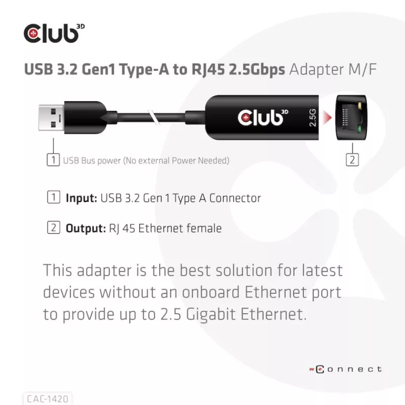 CLUB3D USB 3.2 Gen1 Typ A-zu-RJ45 2.5Gbps Adapter