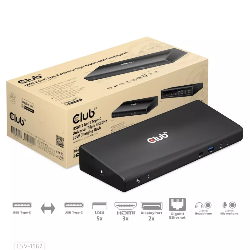 CLUB3D CSV-1562 ist eine USB3.2 Gen1 Type-C Universal Triple 4K30Hz Lade-Dockingstation und DisplayLink® zertifiziert. Die universelle Lade-Dockingstation