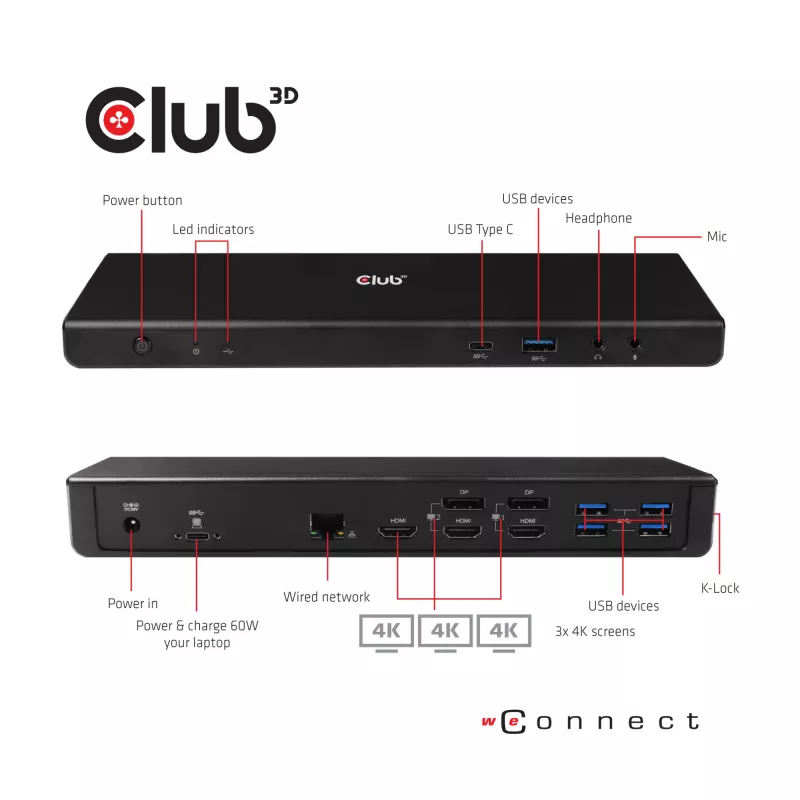 CLUB3D CSV-1562 ist eine USB3.2 Gen1 Type-C Universal Triple 4K30Hz Lade-Dockingstation und DisplayLink® zertifiziert. Die universelle Lade-Dockingstation