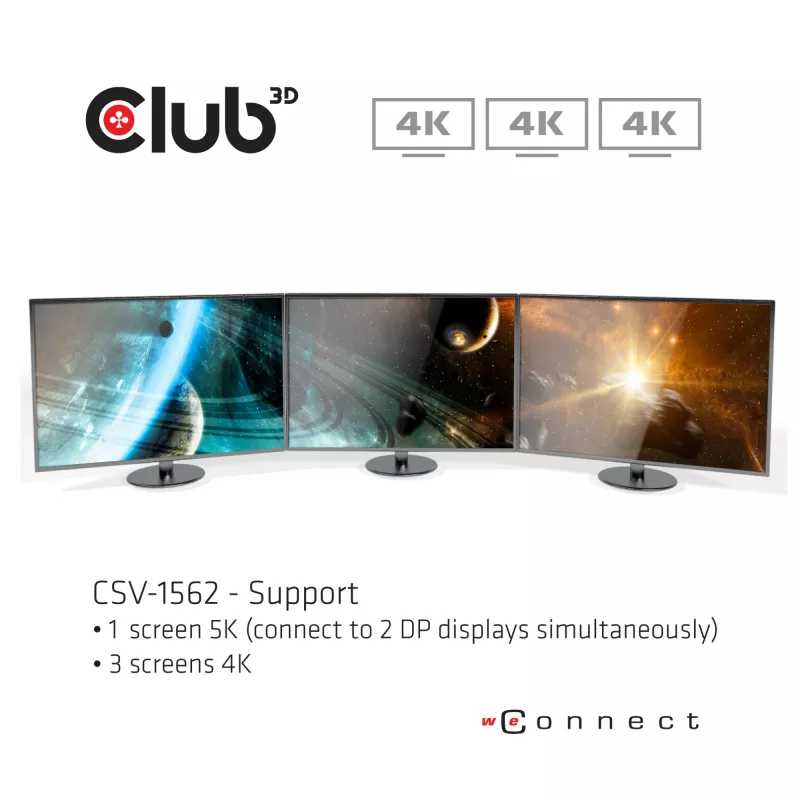 CLUB3D CSV-1562 ist eine USB3.2 Gen1 Type-C Universal Triple 4K30Hz Lade-Dockingstation und DisplayLink® zertifiziert. Die universelle Lade-Dockingstation