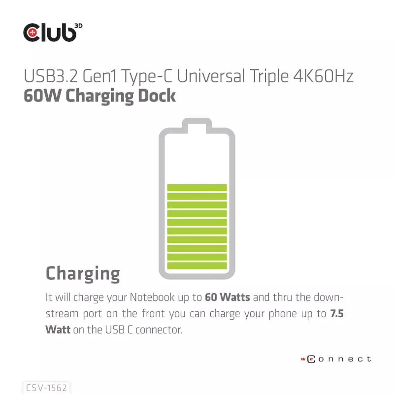 CLUB3D CSV-1562 ist eine USB3.2 Gen1 Type-C Universal Triple 4K30Hz Lade-Dockingstation und DisplayLink® zertifiziert. Die universelle Lade-Dockingstation