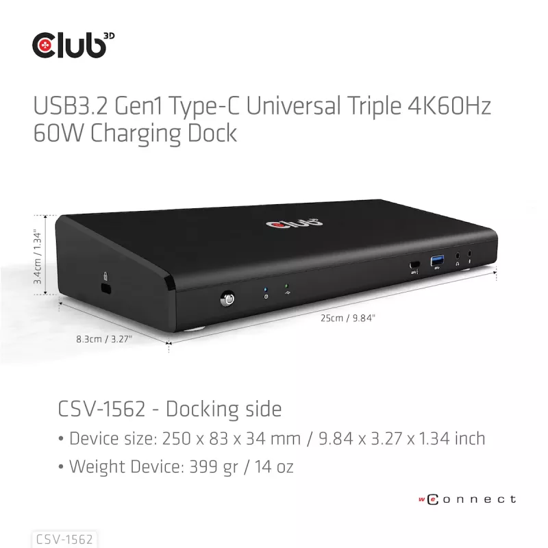 CLUB3D CSV-1562 ist eine USB3.2 Gen1 Type-C Universal Triple 4K30Hz Lade-Dockingstation und DisplayLink® zertifiziert. Die universelle Lade-Dockingstation