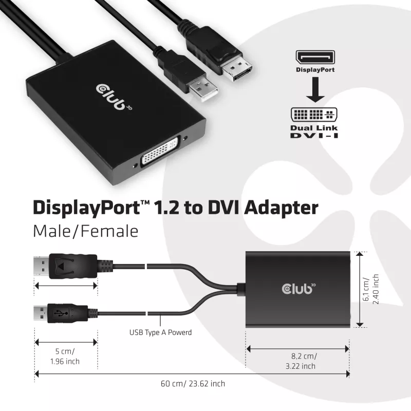 CLUB3D DisplayPort auf Dual Link DVI-D HDCP ON Version aktiver Adapter M/F