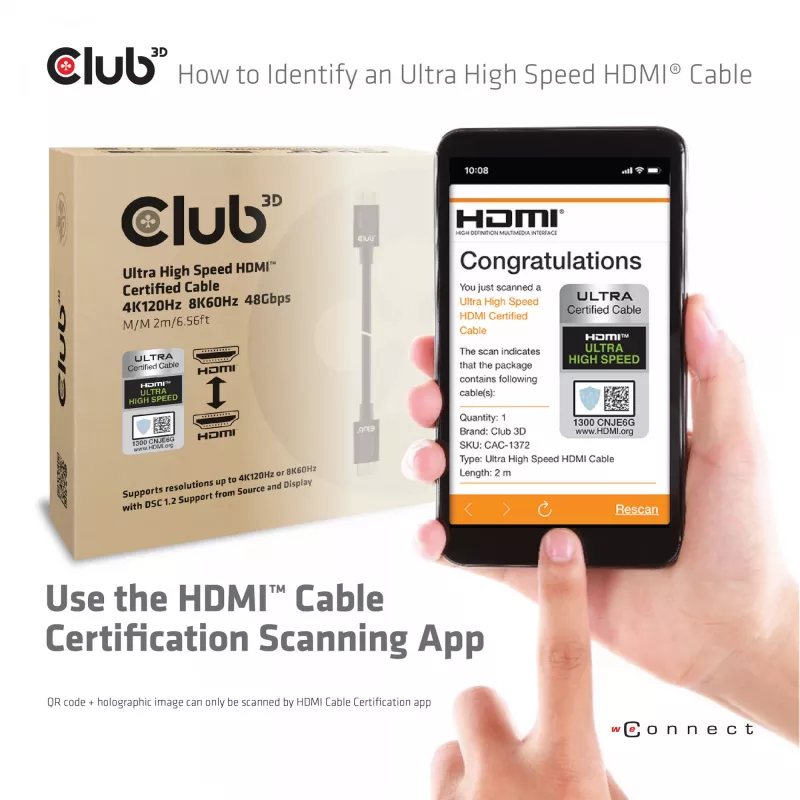 CLUB3D Ultra-High-Speed-HDMI 4K120Hz, 8K60Hz-Kabel 48Gbps M/M 3 m/ 9.84ft