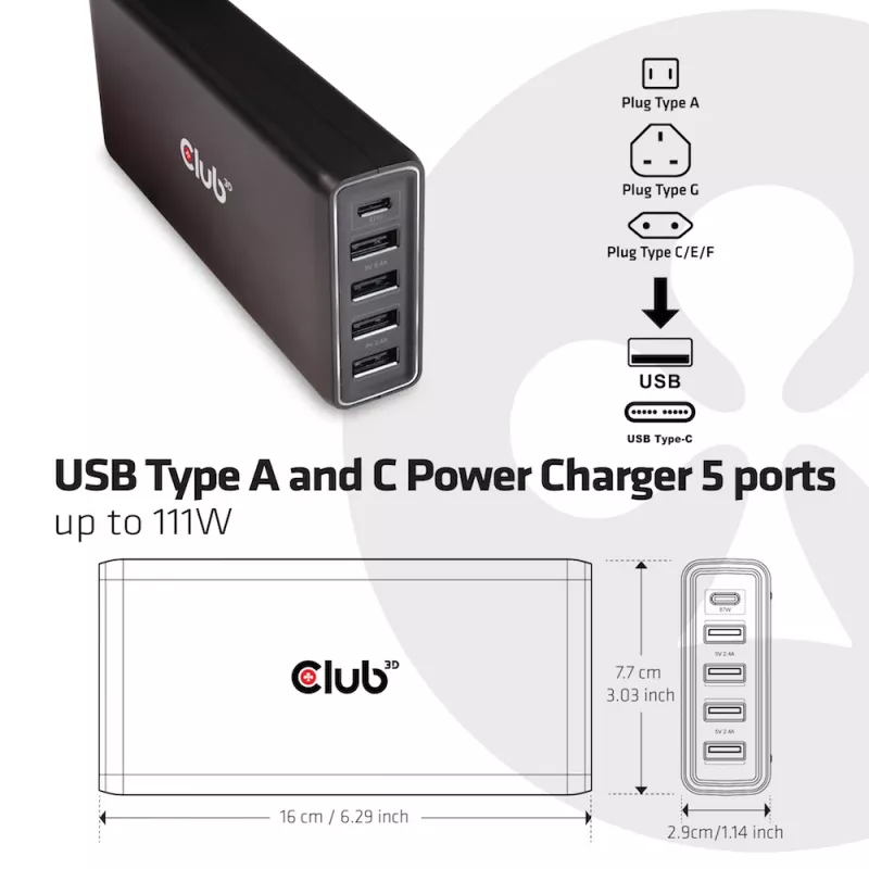 CLUB3D USB Typ A und C Power Charger, 5 Ports bis zu 111 W
