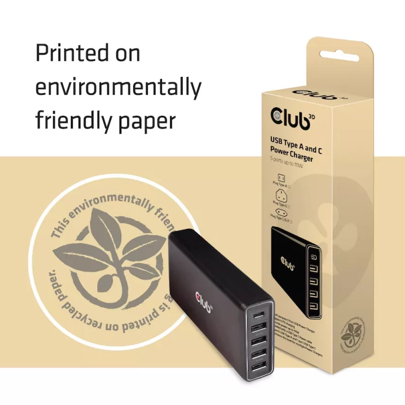 CLUB3D USB Typ A und C Power Charger, 5 Ports bis zu 111 W