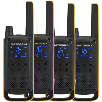 Zwei-Wege-Funkgerät Motorola Talkabout T82 Extreme Quad Pack — 4× PMR-Handgeräte, 16 Kanäle, IPX4, 500 mW, NiMH wiederaufladbar, Micro-USB