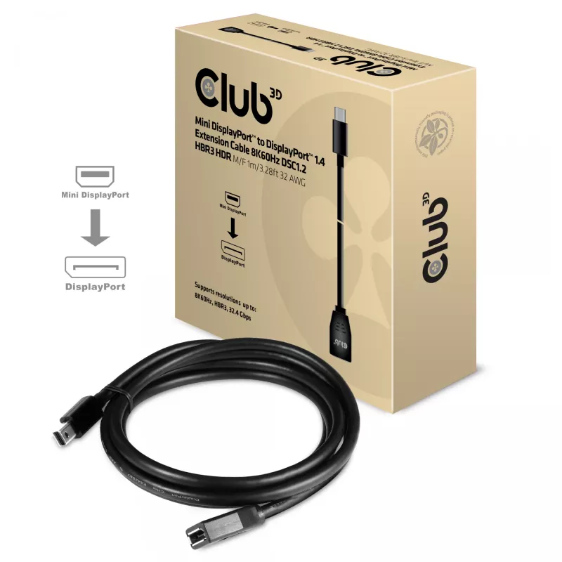 CLUB3D Mini DisplayPort auf DisplayPort 1.4 Verlängerungskabel 8K60Hz DSC1.2 HBR3 HDR M/F 1m/3,28 ft