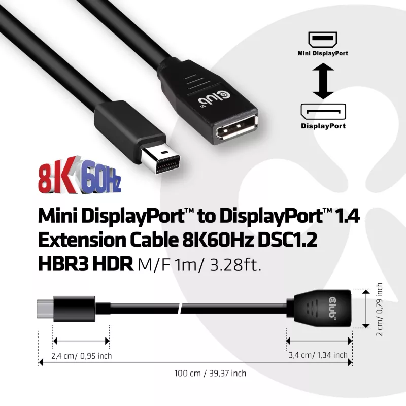 CLUB3D Mini DisplayPort auf DisplayPort 1.4 Verlängerungskabel 8K60Hz DSC1.2 HBR3 HDR M/F 1m/3,28 ft