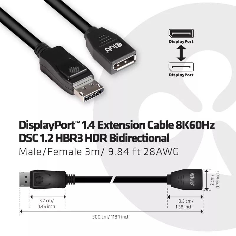 CLUB3D DisplayPort 1.4 Verlängerungskabel 8K60Hz DSC 1.2 HBR3 HDR bidirektional M/F 3m/9.84ft