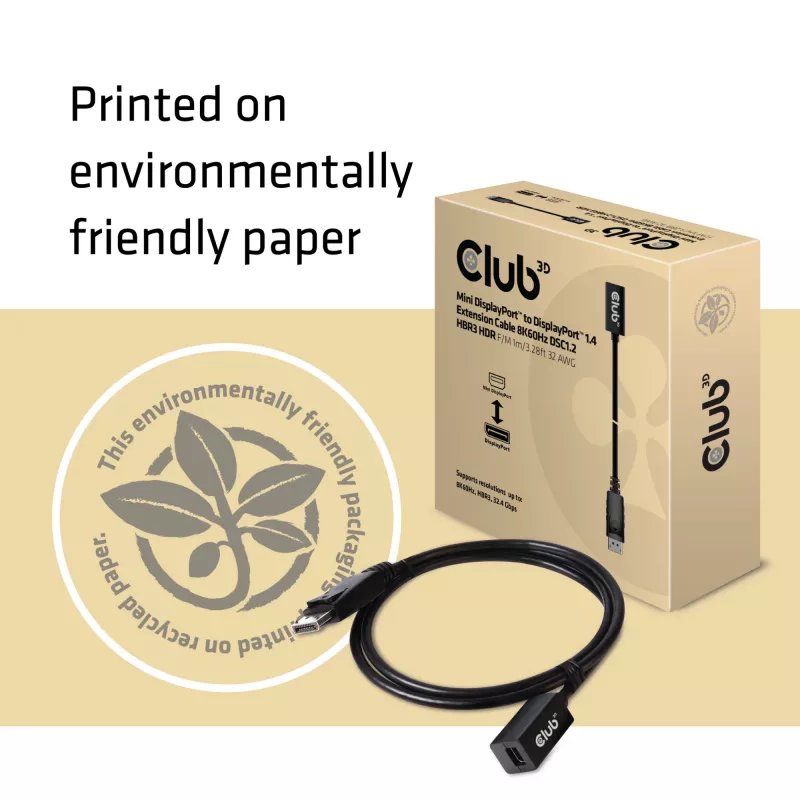 CLUB3D Mini DisplayPort 1.4 auf DisplayPort Verlängerungskabel 8K60Hz DSC 1.2 HBR3 HDR bidirektional F/M 1m/3,28ft