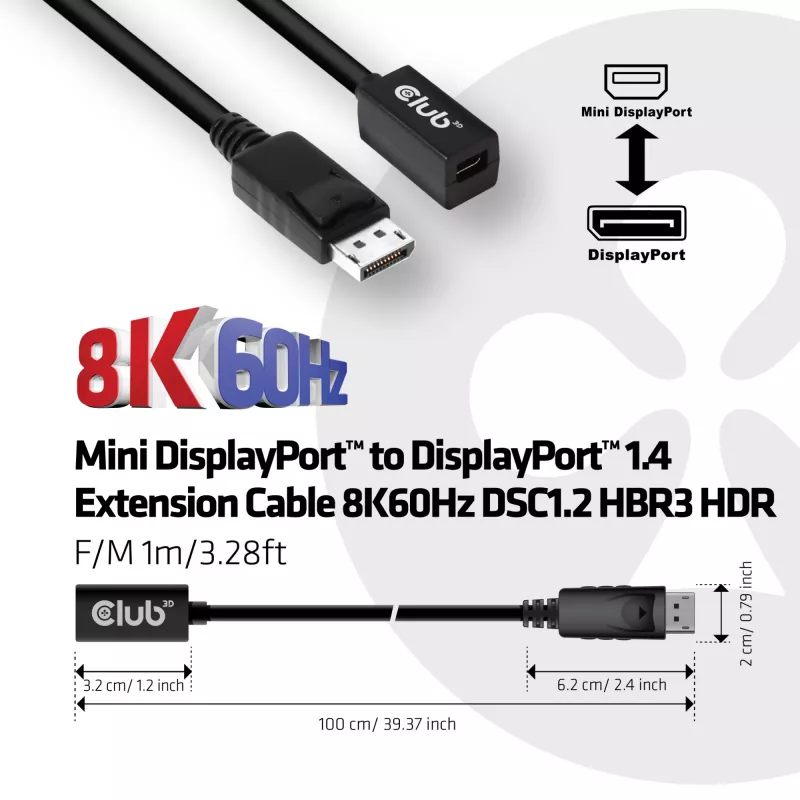 CLUB3D Mini DisplayPort 1.4 auf DisplayPort Verlängerungskabel 8K60Hz DSC 1.2 HBR3 HDR bidirektional F/M 1m/3,28ft