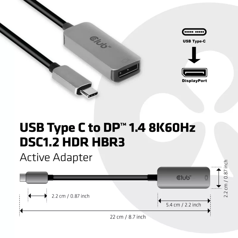 CLUB3D USB Type C zu DisplayPort 1.4 8K60Hz HBR3 Aktivadapter