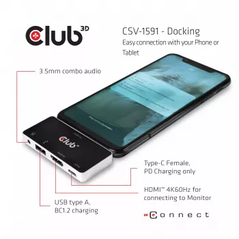 CLUB3D USB Type C 4-in-1 Hub auf HDMI™ 4K60Hz USB Type C PD / USB Type A / Audioanschluss