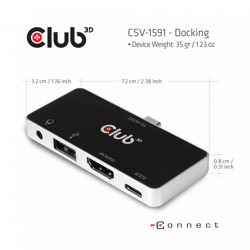 CLUB3D USB Type C 4-in-1 Hub auf HDMI™ 4K60Hz USB Type C PD / USB Type A / Audioanschluss