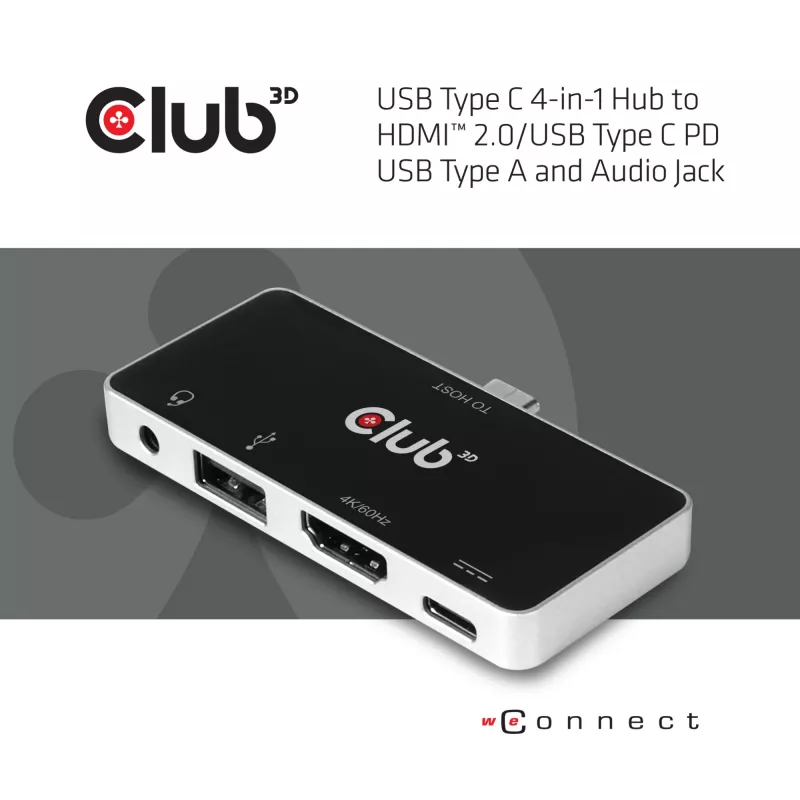 CLUB3D USB Type C 4-in-1 Hub auf HDMI™ 4K60Hz USB Type C PD / USB Type A / Audioanschluss