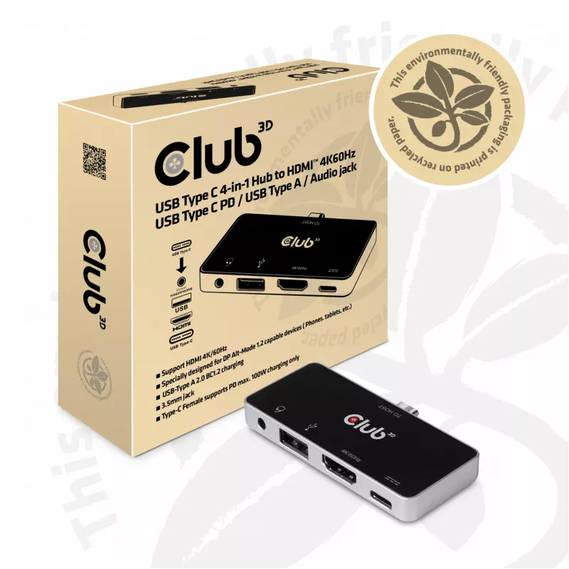 CLUB3D USB Type C 4-in-1 Hub auf HDMI™ 4K60Hz USB Type C PD / USB Type A / Audioanschluss