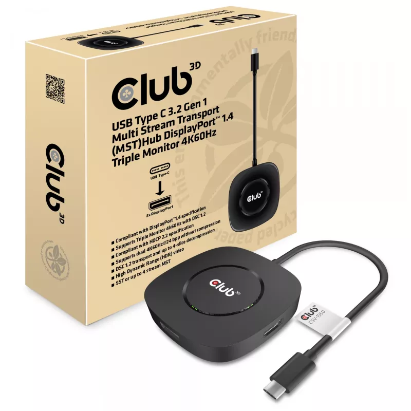 CLUB3D USB Type C 3.2 Gen 1 Multi Stream Transport (MST) Hub DisplayPort 1.4 Triple Monitor