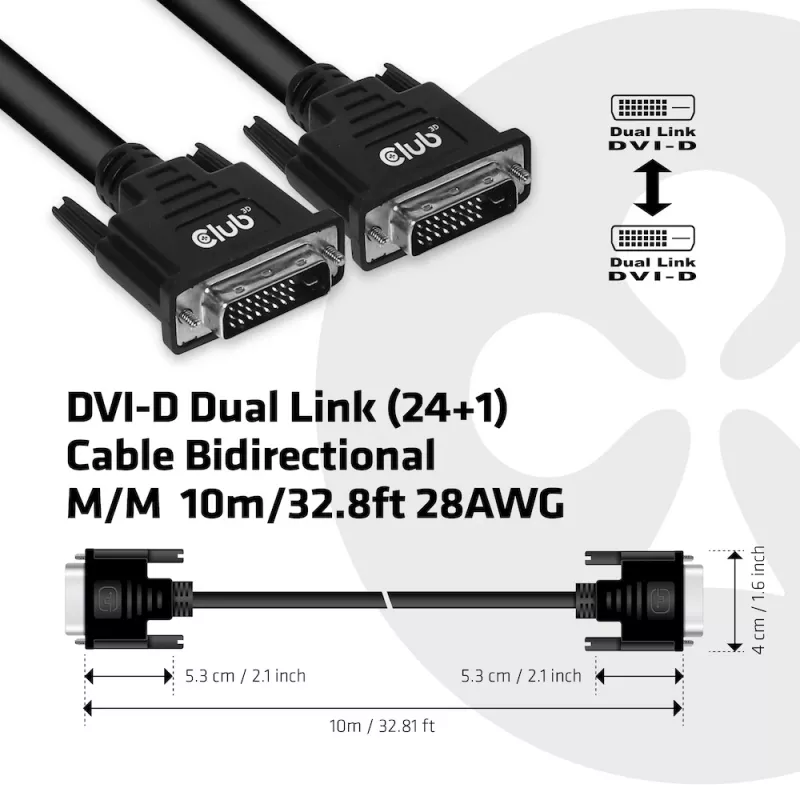 CLUB3D DVI-D Dual Link (24+1) Kabel bidirektional M/M 10m/32,8ft 28AWG