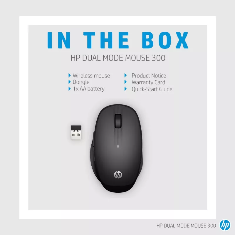 HP Dual Mode Black Mouse 300, Rechtshänder, Optisch, RF Wireless, 3600 DPI, Schwarz