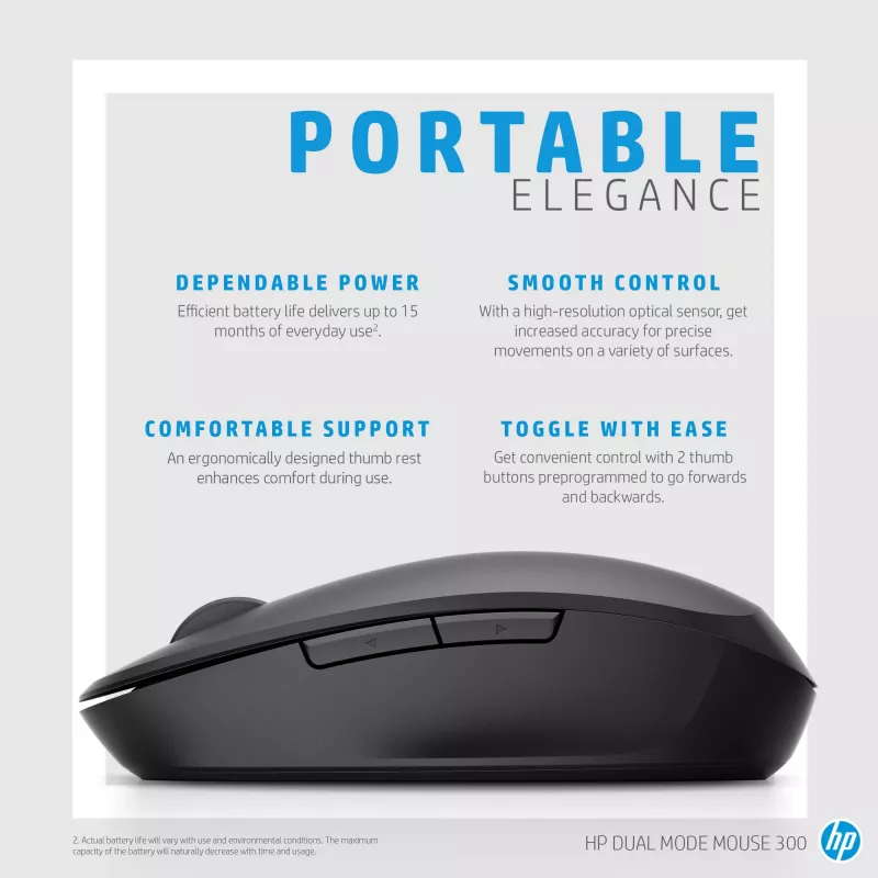 HP Dual Mode Black Mouse 300, Rechtshänder, Optisch, RF Wireless, 3600 DPI, Schwarz