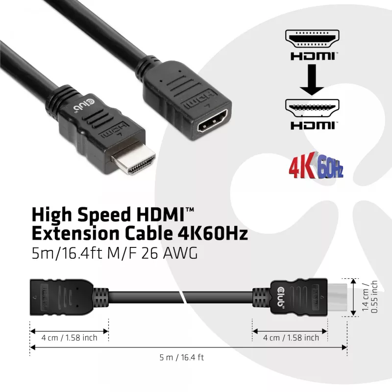 CLUB3D High Speed HDMI™ Verlängerungskabel 4K60Hz M/F 5m/16,4ft 26 AWG