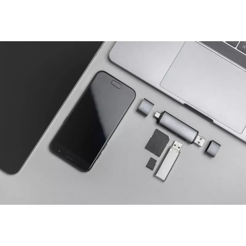 DIGITUS Combo Card Reader Hub (USB-C+USB 3.0) 1x SD, 1x MicroSD, 1x USB 3.0, grau