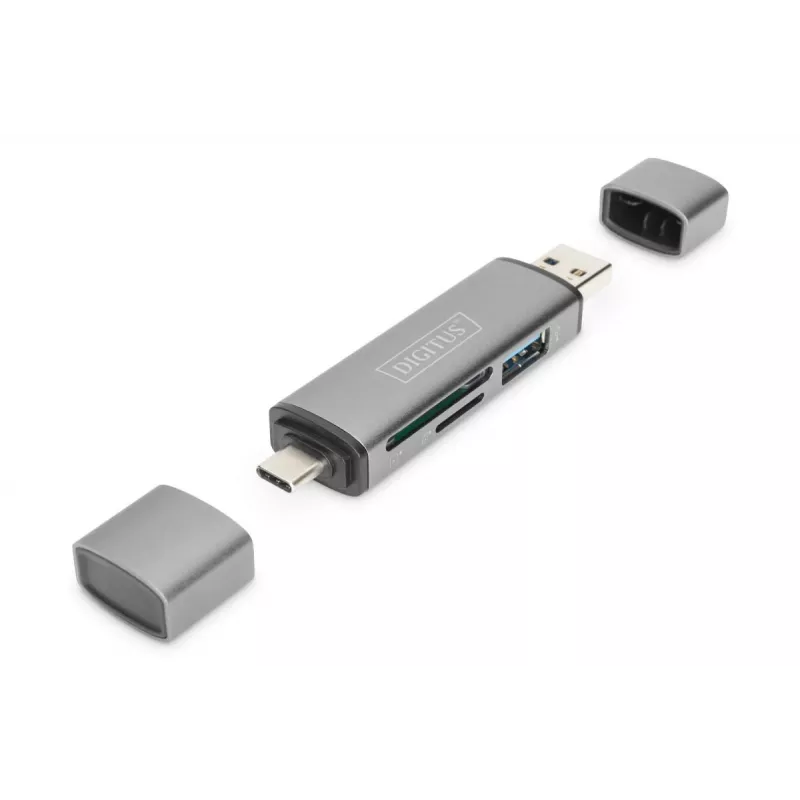 DIGITUS Combo Card Reader Hub (USB-C+USB 3.0) 1x SD, 1x MicroSD, 1x USB 3.0, grau
