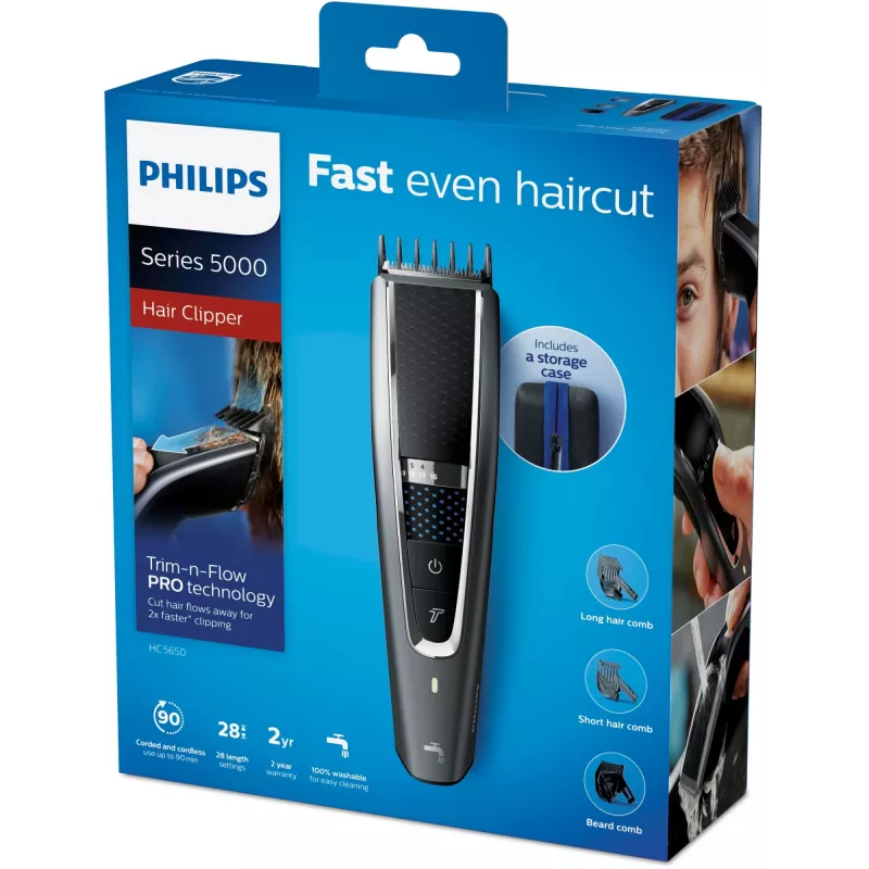 Haarschneider Philips 5000 series HC5650/15 — kabellos, Li-Ion-Akku, 90 Min., 28 Längeneinstellungen (0,5–28 mm), 41 mm Edelstahl-Schneidsatz
