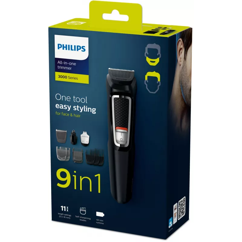 Multigroomer-Trimmer Philips MULTIGROOM Series 3000 9-in-1 MG3740/15 — NiMH-Akku, 60 Min. Laufzeit, Edelstahlklingen, 9 Aufsteckkämme, schwarz