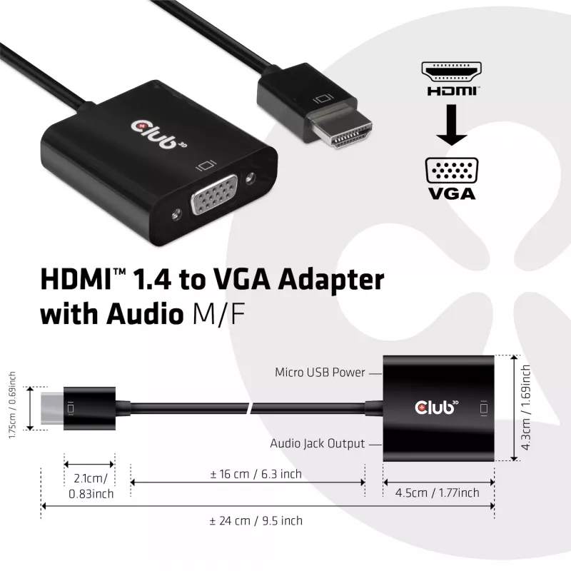CLUB3D CAC-1302 Videokabeladapter 0,5 m HDMI Typ A (Standard) VGA (D-Sub) Schwarz
