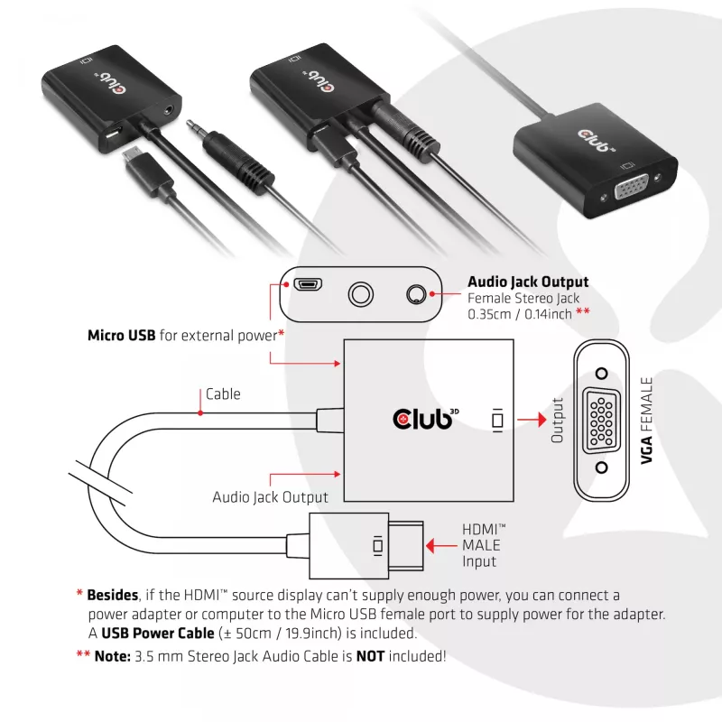 CLUB3D CAC-1302 Videokabeladapter 0,5 m HDMI Typ A (Standard) VGA (D-Sub) Schwarz