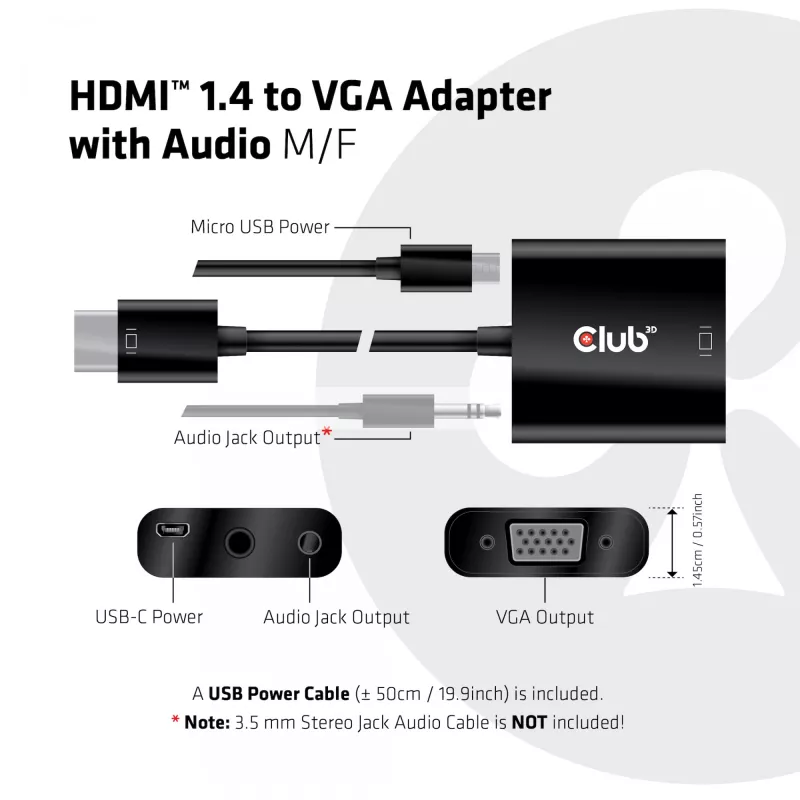 CLUB3D CAC-1302 Videokabeladapter 0,5 m HDMI Typ A (Standard) VGA (D-Sub) Schwarz