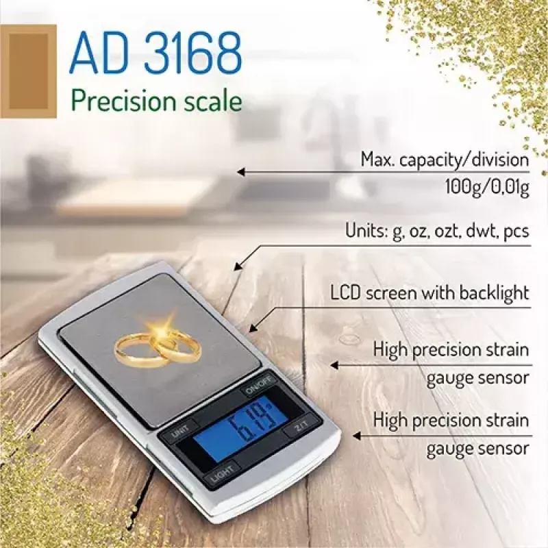 Präzisionswaage Adler AD 3168, 100 g Kapazität, 0.01 g Genauigkeit, silber, tragbar