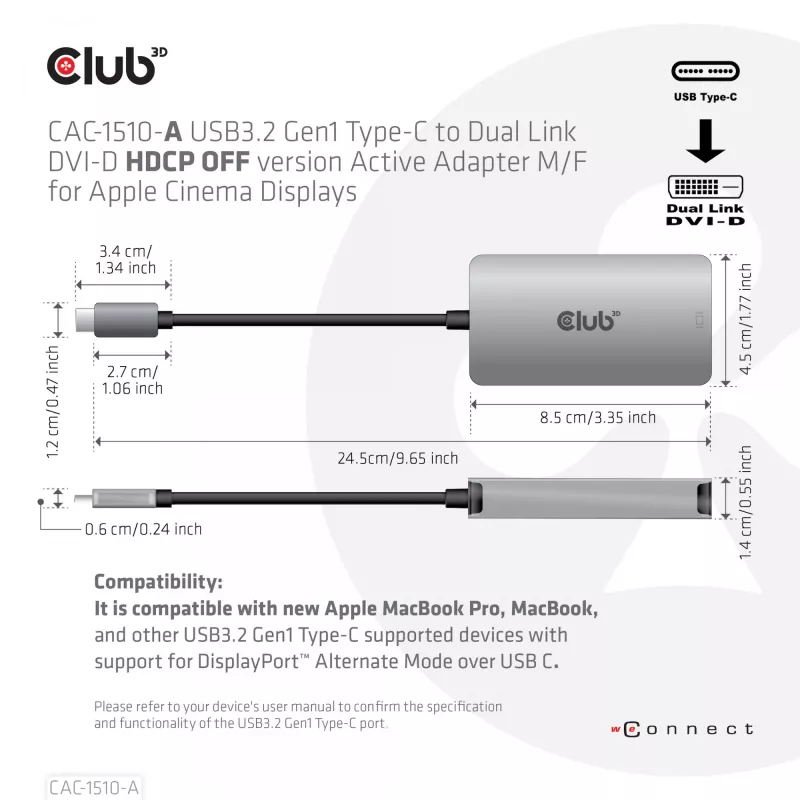 CLUB3D USB3.2 Gen1 Type-C zu Dual Link DVI-D HDCP OFF Version aktiver Adapter M/F für Apple Cinema Displays