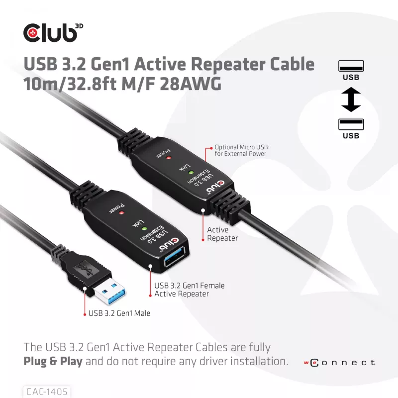 CLUB3D USB 3.2 Gen1 Aktives Repeater-Kabel 10 m / 32.8ft M/F 28AWG