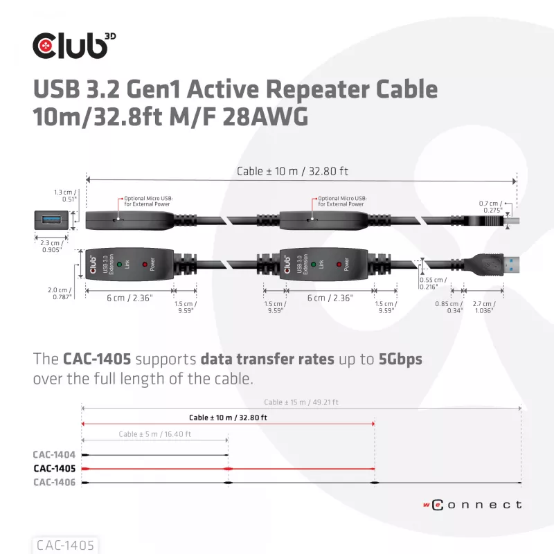 CLUB3D USB 3.2 Gen1 Aktives Repeater-Kabel 10 m / 32.8ft M/F 28AWG