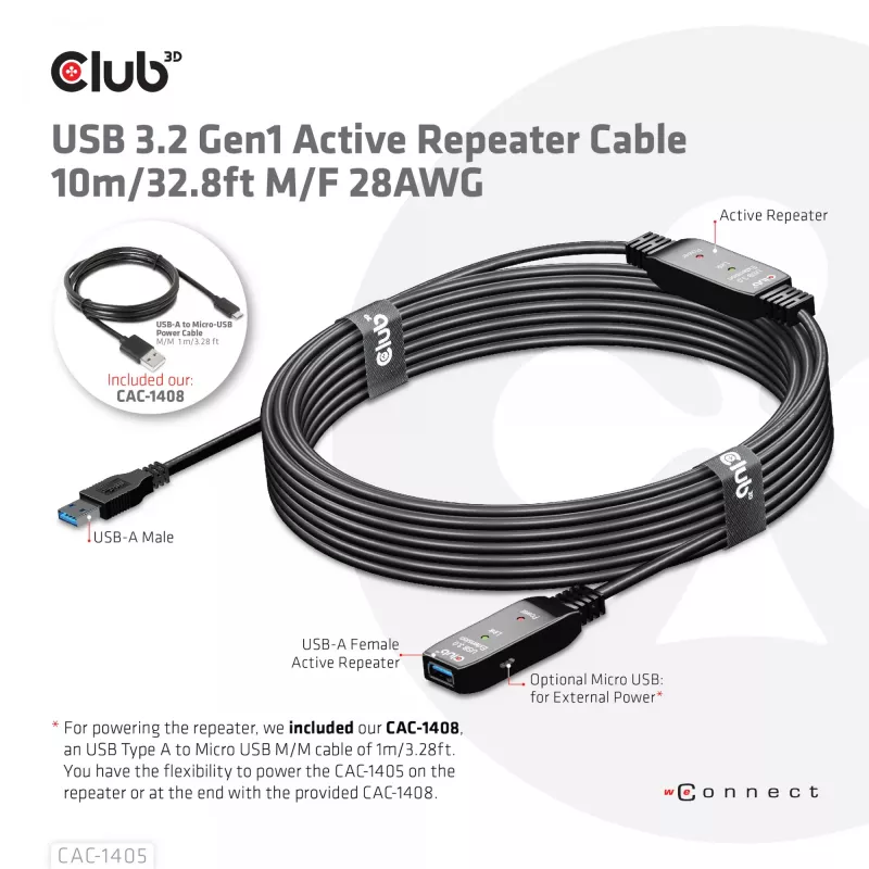 CLUB3D USB 3.2 Gen1 Aktives Repeater-Kabel 10 m / 32.8ft M/F 28AWG