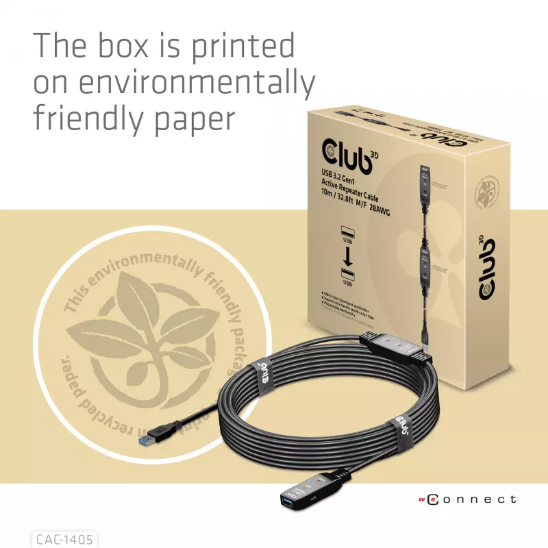 CLUB3D USB 3.2 Gen1 Aktives Repeater-Kabel 10 m / 32.8ft M/F 28AWG
