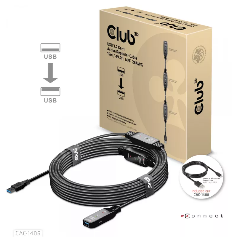 CLUB3D USB 3.2 Gen1 aktives Repeater-Kabel 15 m/ 49.2 ft M/F 28AWG